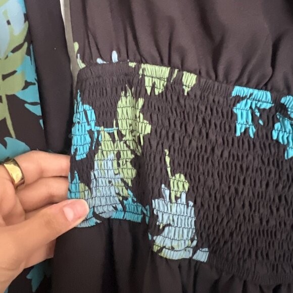 eShakti Sz L Custom Blue Green Floral Black Maxi Wrap Dress Bloomcore Boho - Picture 7 of 16